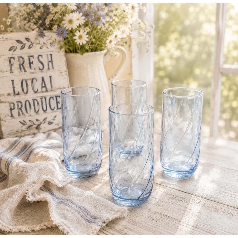 Vintage Libbey Misty Blue Optic Swirl Iced Tea Tumblers Set of 4 Country Cottage